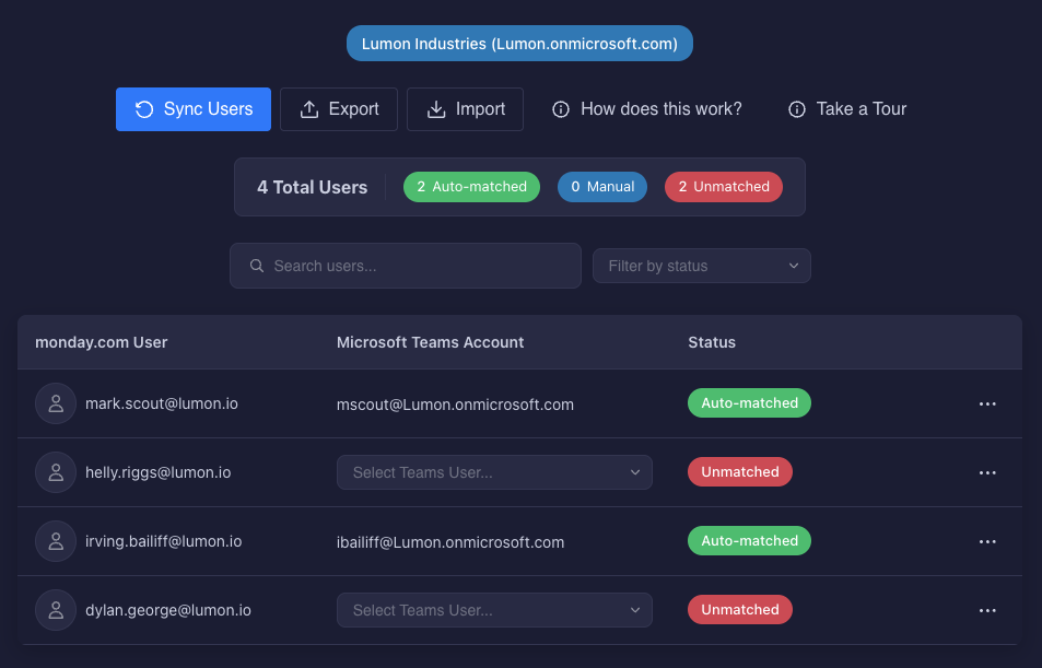 MS Teams Direct+ user mapping interface